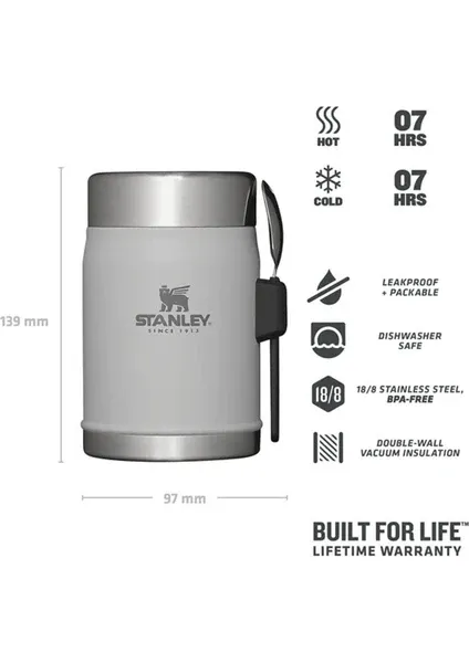 Stanley Legendary Klasik Vakumlu Paslanmaz Çelik Kaşıklı Yemek Termosu 0,40 lt Açık Gri