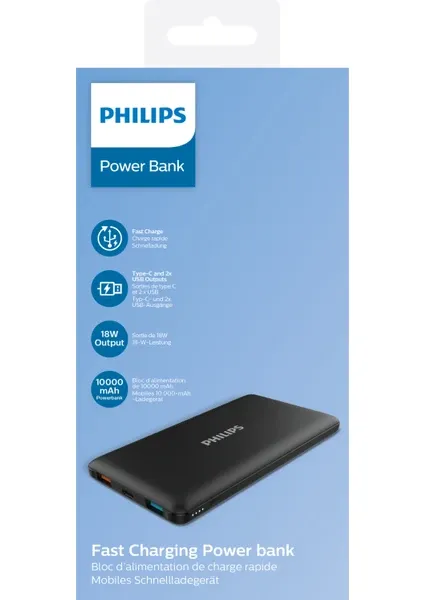 Philips DLP1010C/00 10.000MAH Power Bank, Pd, Qc, 18W, Type-C ve 2x Usb-A Bağlantı, Siyah
